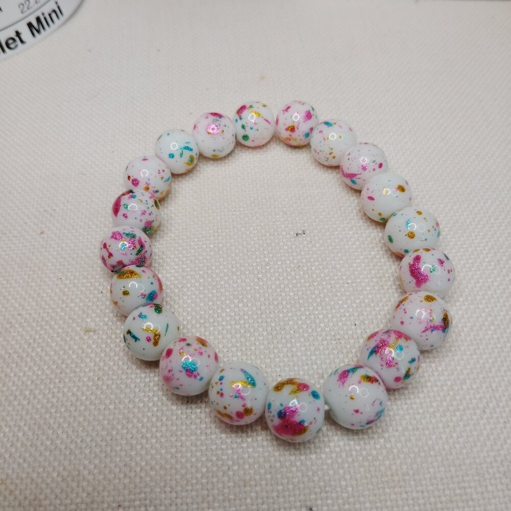 Jawbreaker Paint Splatter Glass Bead Stretch Bracelet Rainbow White
